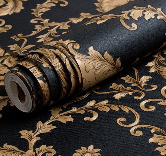 Papel tapiz de Damasco 3D metálico con textura en relieve de lujo en oro negro de alta calidad para rollo de pared papel de pared de vinilo lavable de PVC